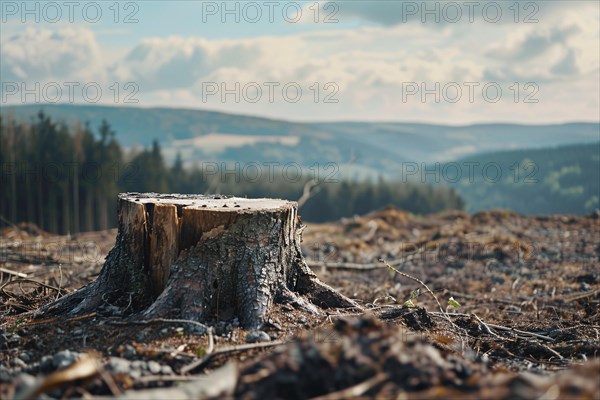Tree stump empty landscape and forest in background. Deforestation concept. KI generiert, generiert, AI generated
