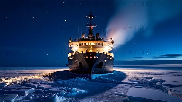 Icebreaker ship carving a path through thick ice of the polar region, AI generated