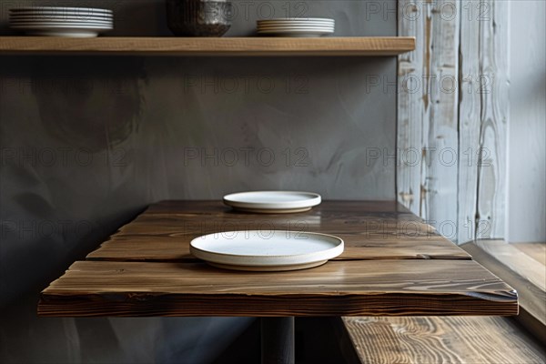 A minimalist setting with ceramic plates on a wooden table against a rustic wall background, AI generated