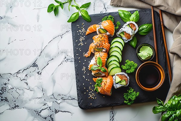 An appetizing array of sushi with salmon, avocado, and fresh herbs on a black ceramic plate, AI generated