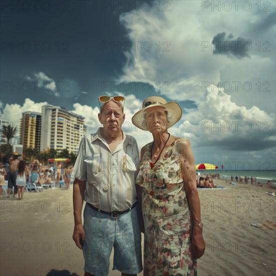 An elderly couple stands earnestly on a sunny beach against a backdrop of tower blocks, AI generated
