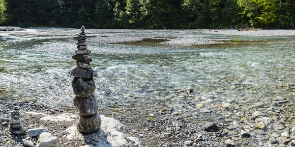 Cairn on the banks of the Trettach, Trettachtal near Oberstdorf, Allgaeu, Bavaria, Germany, Europe