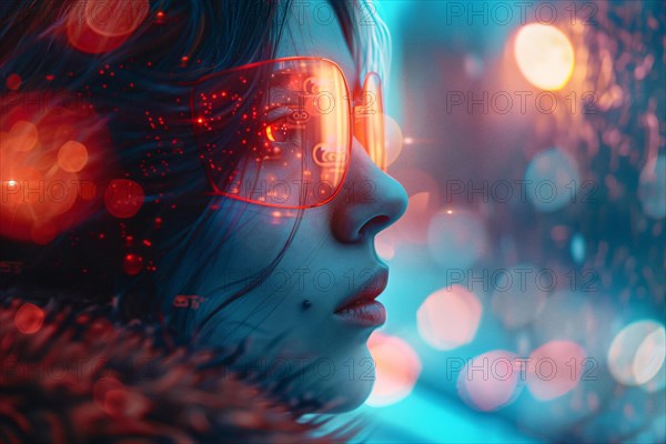Woman with illuminated glasses standing against sparkling bokeh lights at night, AI generated