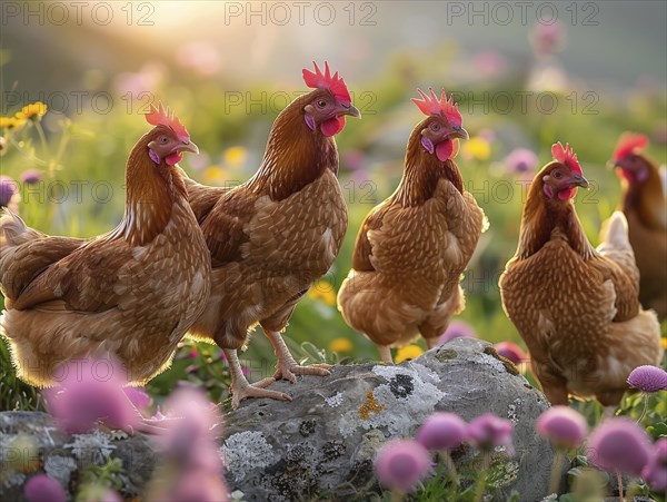 Group of chickens in a field with flowers during golden hour, AI generiert, AI generated