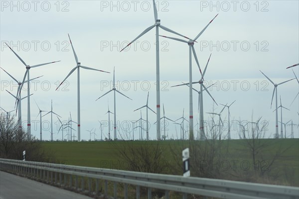 Wind turbines on the A 9 motorway, Saxony-Anhalt, Germany, Europe