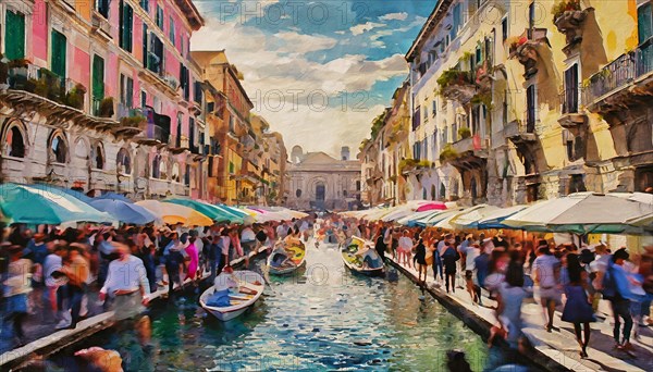 Busy market by a canal with boats, a crowd under umbrellas, and colorful buildings reflecting in water, rush hour commuting time, sunset, blurry cityscape, bokeh effect, AI generated