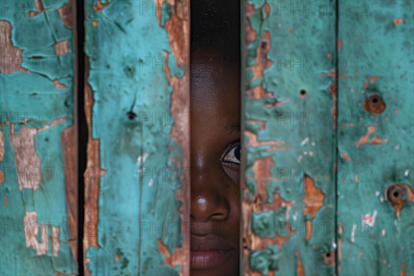 Close up of black child peeking through hole in wooden wall. KI generiert, generiert, AI generated