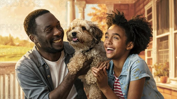 Warm portrait of a father and daughter smiling with a dog during golden hour, AI generated