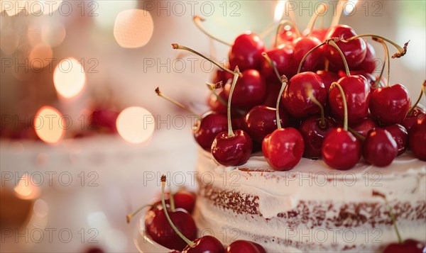 Ripe cherries adorning a wedding cake, closeup view, bokeh lights on background AI generated