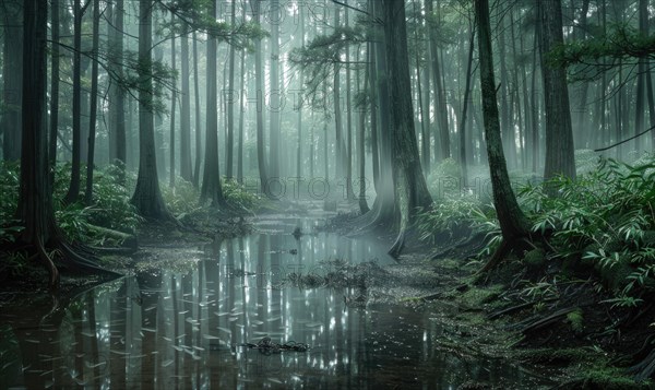 A cedar forest in the rain, nature background AI generated