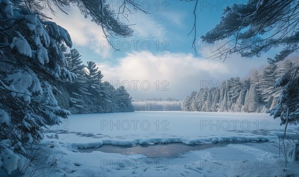 A frozen lake framed by snow-laden trees in a winter wonderland scene AI generated