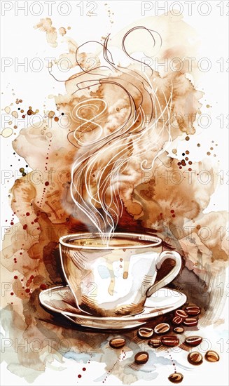 A coffee cup with steam rising from it and a few coffee beans on the table. Scene is warm and inviting, as if someone is enjoying a hot cup of coffee on a chilly day AI generated