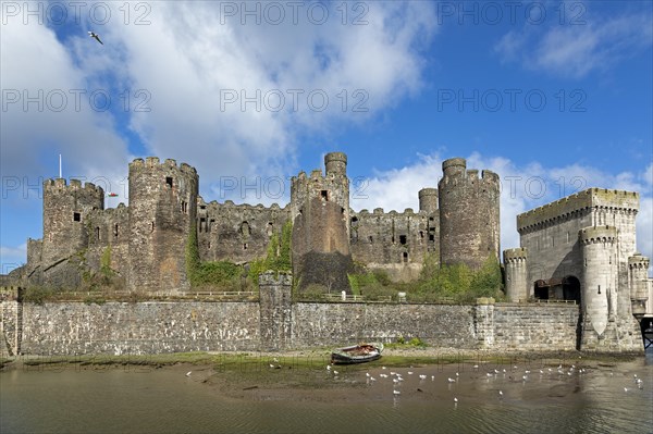 Castle, fishing boat, Conwy, Wales, Great Britain