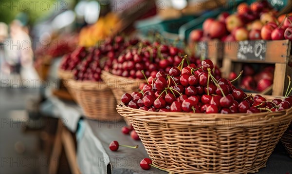 Closeup view of rip cherries selling on city market AI generated