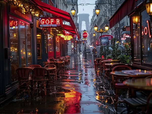 Eine nasse Strasse reflektiert die Lichter eines Cafes bei Regen, Lifestyle in Paris, Frankreich, AI generiert, AI generated