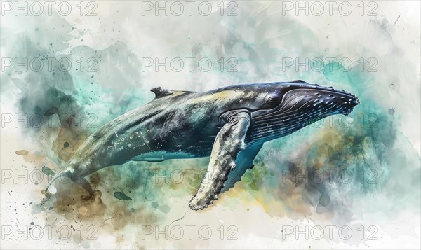 Watercolor illustration of a humpback whale in the ocean AI generated