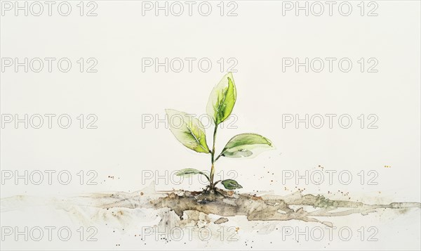 Watercolor illustration of a small tree sprout emerging from the ground AI generated