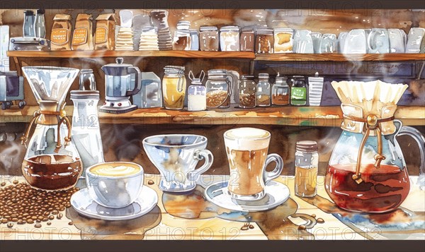 Watercolor illustration of a coffee shop scene with various coffee-related items like cups AI generated