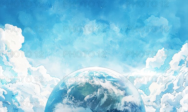 Watercolor illustration of the Earth globe with fluffy clouds against a clear blue sky AI generated