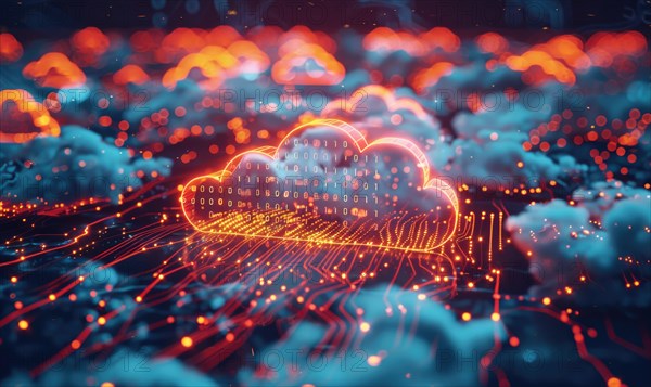 Cloud computing servers against a backdrop of a digital cityscape AI generated