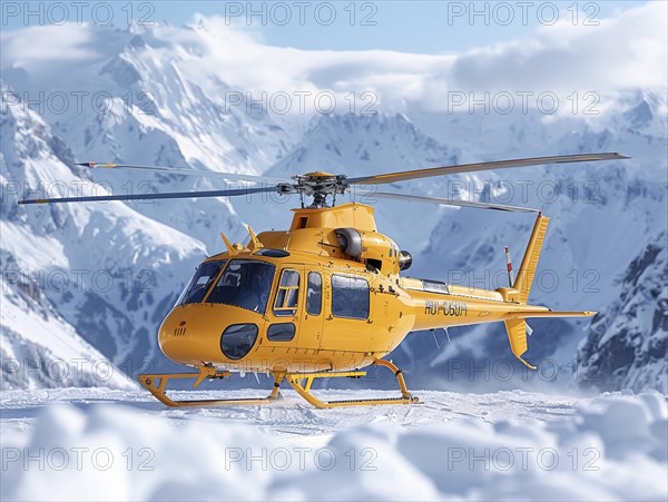 Ein gelber Hubschrauber schwebt in der Winterlandschaft mit klarblauem Himmel und Bergen, Rettungshubschrauber im Einsatz, AI generiert, AI generated