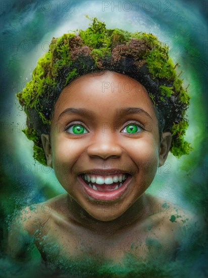 Excited child with sparkling eyes, surrounded by a bubble effect and greenery, moss growing and thriving, creating a mystical and enchanting effect, earth day concept, AI generated