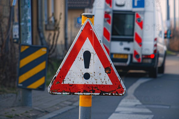 Red and white road warning sign with exclamation mark. KI generiert, generiert, AI generated