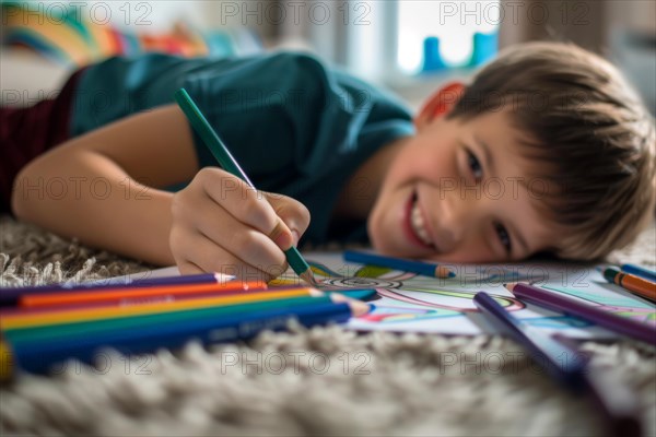 A boy lies on the floor and draws a picture with coloured pencils, AI generated, AI generated, AI generated