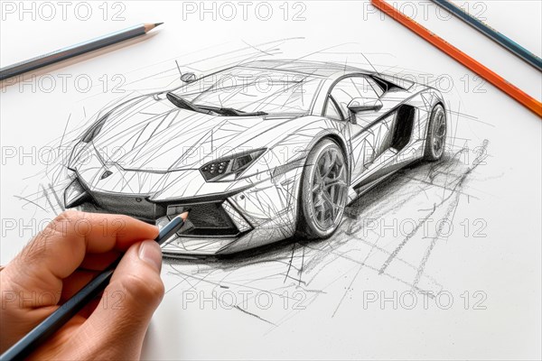 A designer in the field of automotive design, industrial design sketches a super sports car by hand with a pencil, AI generated, AI generated, AI generated