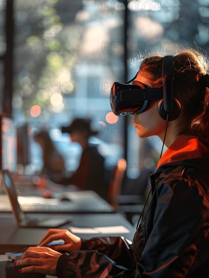 Woman deeply focused while using a VR headset in a technologically equipped room, AI generated