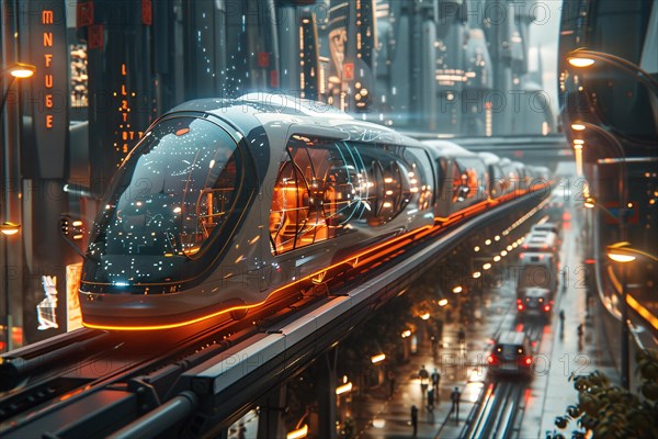 Metallic futuristic train travels through an urban landscape, illuminated in the evening, AI generated