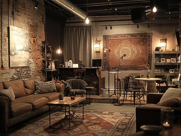 Vintage music venue with cozy leather sofas, brick walls, and a small performance stage surrounded by eclectic decor, coffee shop, Rome, Italy, AI generated, Europe