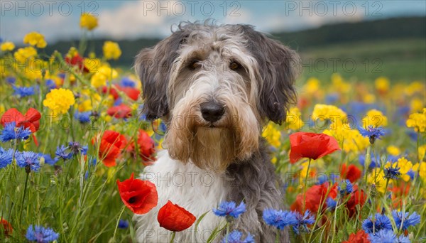 Ai generated, animal, animals, mammal, mammals, a, single animal, bobtail, (Canis lupus familiaris), dog, dogs, bitch, dog breed from England, a single animal, flower meadow