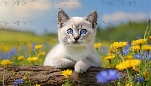 KI generated, animal, animals, mammal, mammals, cat, felidae (Felis catus), a kitten resting in a meadow on a tree trunk