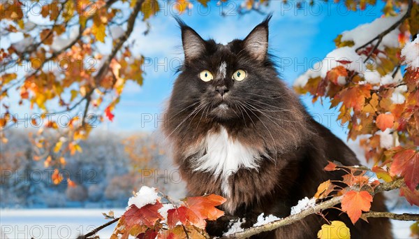 AI generated, animal, animals, mammal, mammals, cat, felidae (Felis catus), a black and white American Forest Cat, sits in a tree, autumn, autumn leaves, snow, onset of winter