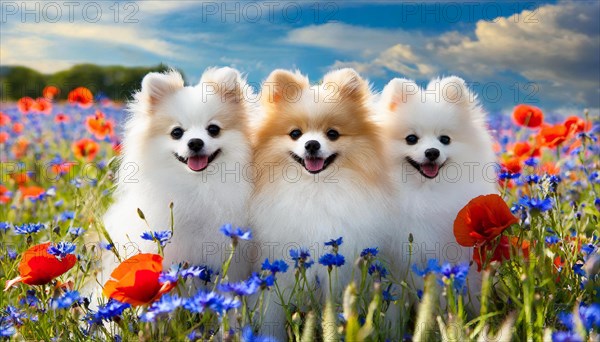 KI generate, animal, animals, mammal, mammals, dwarf spitz, Spitz, (Canis lupus familiaris), dog, dogs, bitch, Pomeranians, a bitch and two puppies sitting in a meadow with poppies and cornflowers