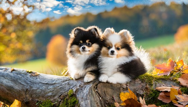 KI generated, animal, animals, mammal, mammals, one, single animal, dwarf spitz, Spitz, (Canis lupus familiaris), dog, dogs, bitch, Pomeranians, two colourful puppies lying on a tree trunk, autumn