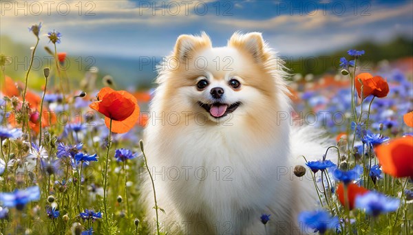 KI generated, animal, animals, mammal, mammals, one, single animal, dwarf spitz, Spitz, (Canis lupus familiaris), dog, dogs, bitch, Pomeranians, flower meadow, summer