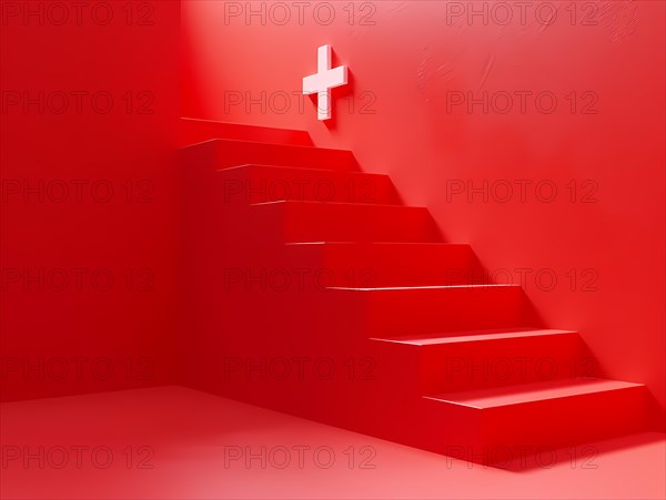 Red stairs leading up to a cross, a possible symbol for health and emergency services, illustration, AI generated