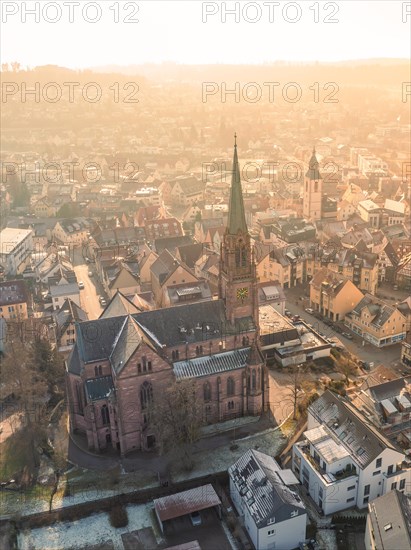 Church in the centre of a town view at sunset, sunrise, Nagold, Black Forest, Germany, Europe