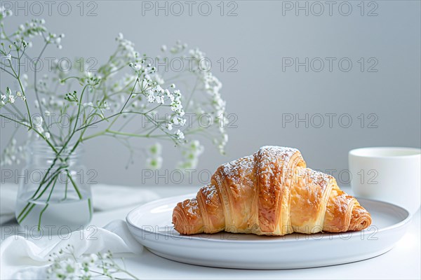 Single French Croissant pastry on white plate. Generative AI, AI generated
