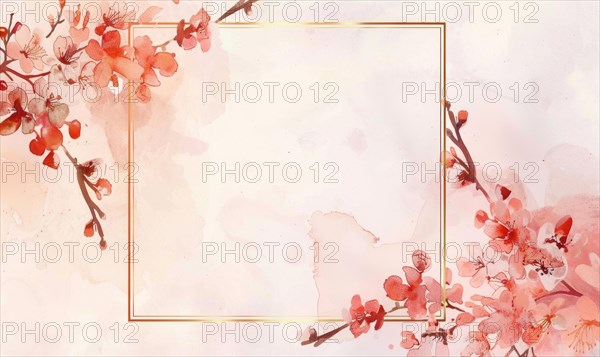 Thin golden frame on watercolor background, space for text AI generated