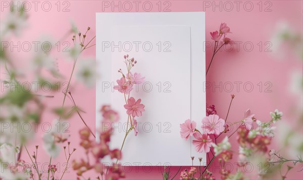 Flat background with blank poster mockup on pink wall AI generated