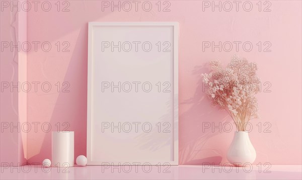 Flat background with blank poster mockup on pink wall AI generated