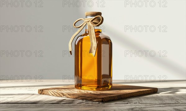 Amber glass bottle mockup containing premium organic oil, beauty care produce background AI generated