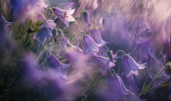 Bellflowers swaying in the breeze, closeup view, soft focus, bokeh AI generated