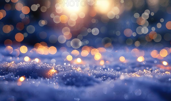 Bokeh lights sparkling against a snowy landscape, closeup view AI generated