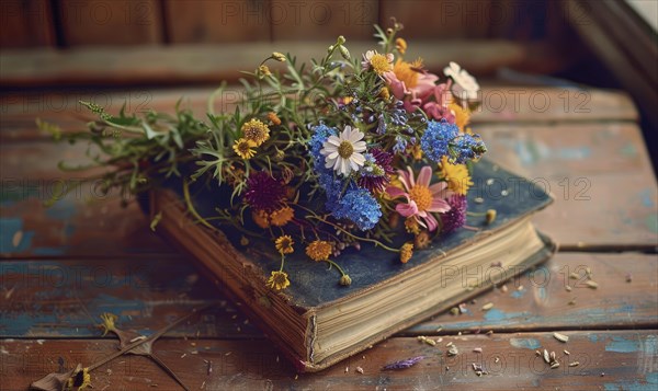 Bouquet of wildflowers placed on top of an antique book AI generated