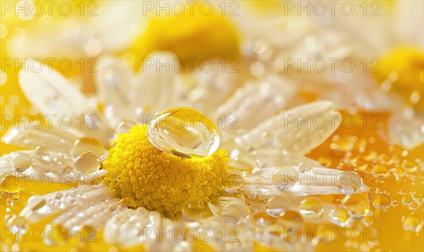 Chamomile essential oil droplets on chamomile flowers, nature beauty background AI generated