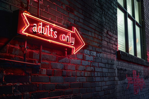 Red neon light sing with 'Adults only' text hanging on brick wall. KI generiert, generiert, AI generated